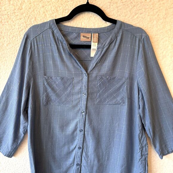 Chicos Women's Blue Button Down Shirt Size 0 Small Cotton Blend Roll Tab Sleeves - Picture 3 of 10